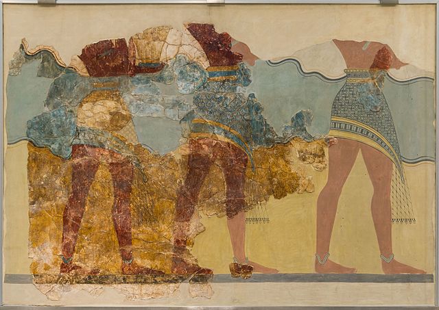 detail view of Minoan Fresco show a process line of people as part of ceremony

