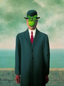 Bowler Man with Green Apple by Magritte, surrealism art of the imagination